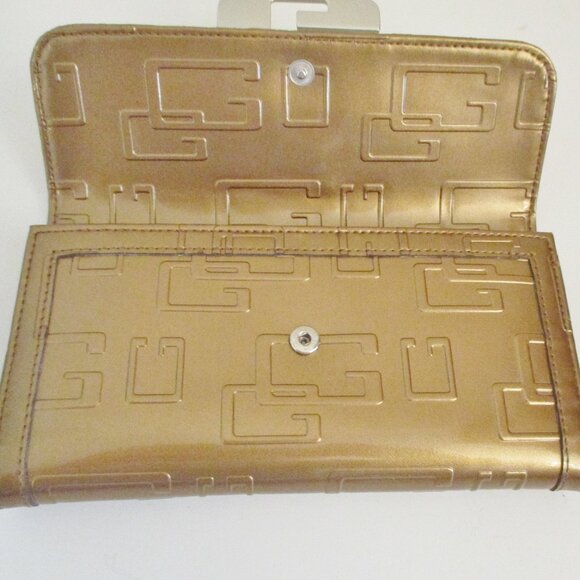 Guess Women's Tri-Fold Checkbook Wallet, Logo World SLG, Gold, G w/Rhinestones - Picture 3 of 12